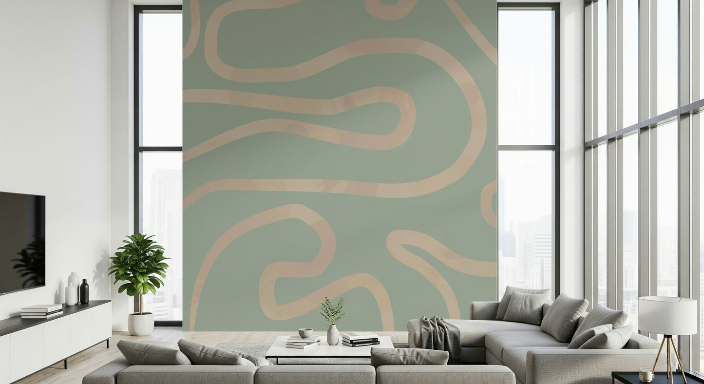 Sage green abstract mural gentle curve pattern flowing art.