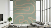 Sage green abstract mural gentle curve pattern flowing art.