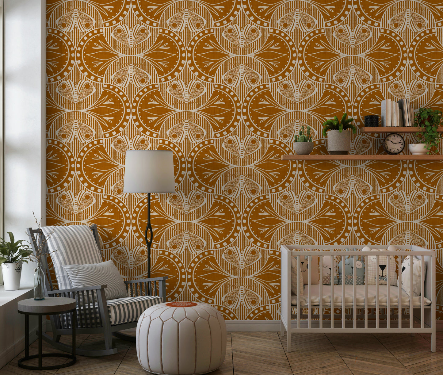 Art Nouveau Butterfly Floral in Burnt Orange wallpaper vintage design pattern.