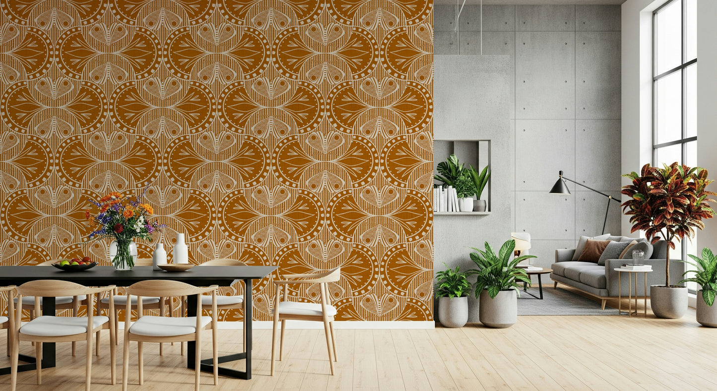 Orange and cream aesthetic symmetrical peel and stick moth pattern print.