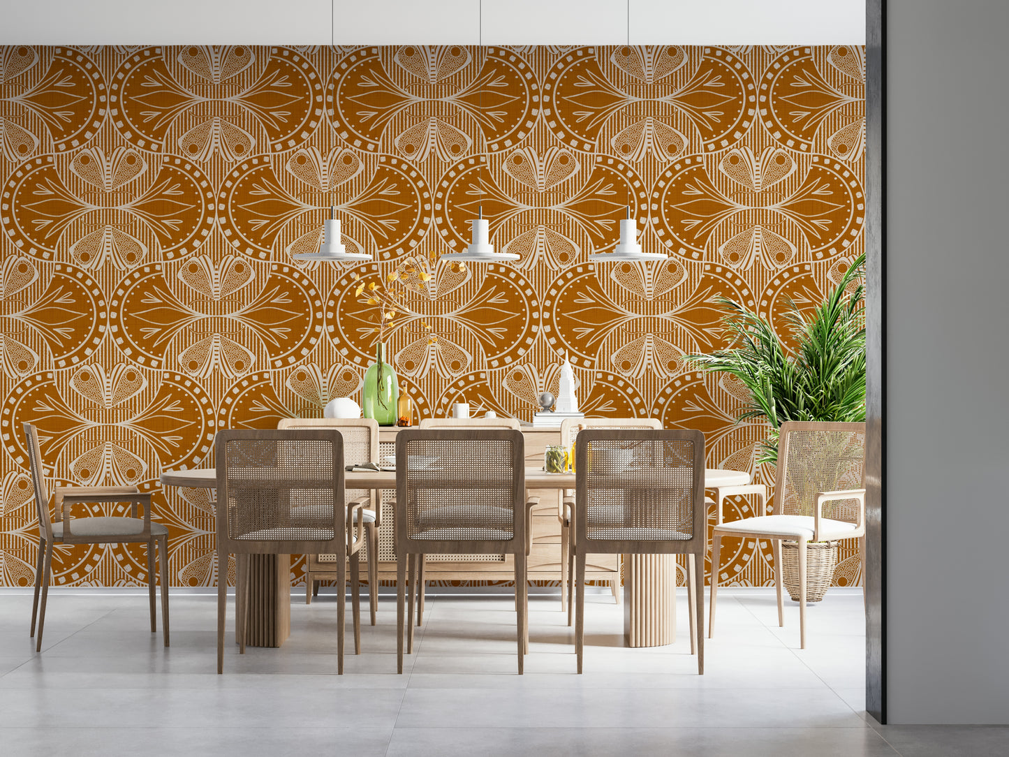 Symmetrical Art Nouveau floral mural rust color sophistication artwork.