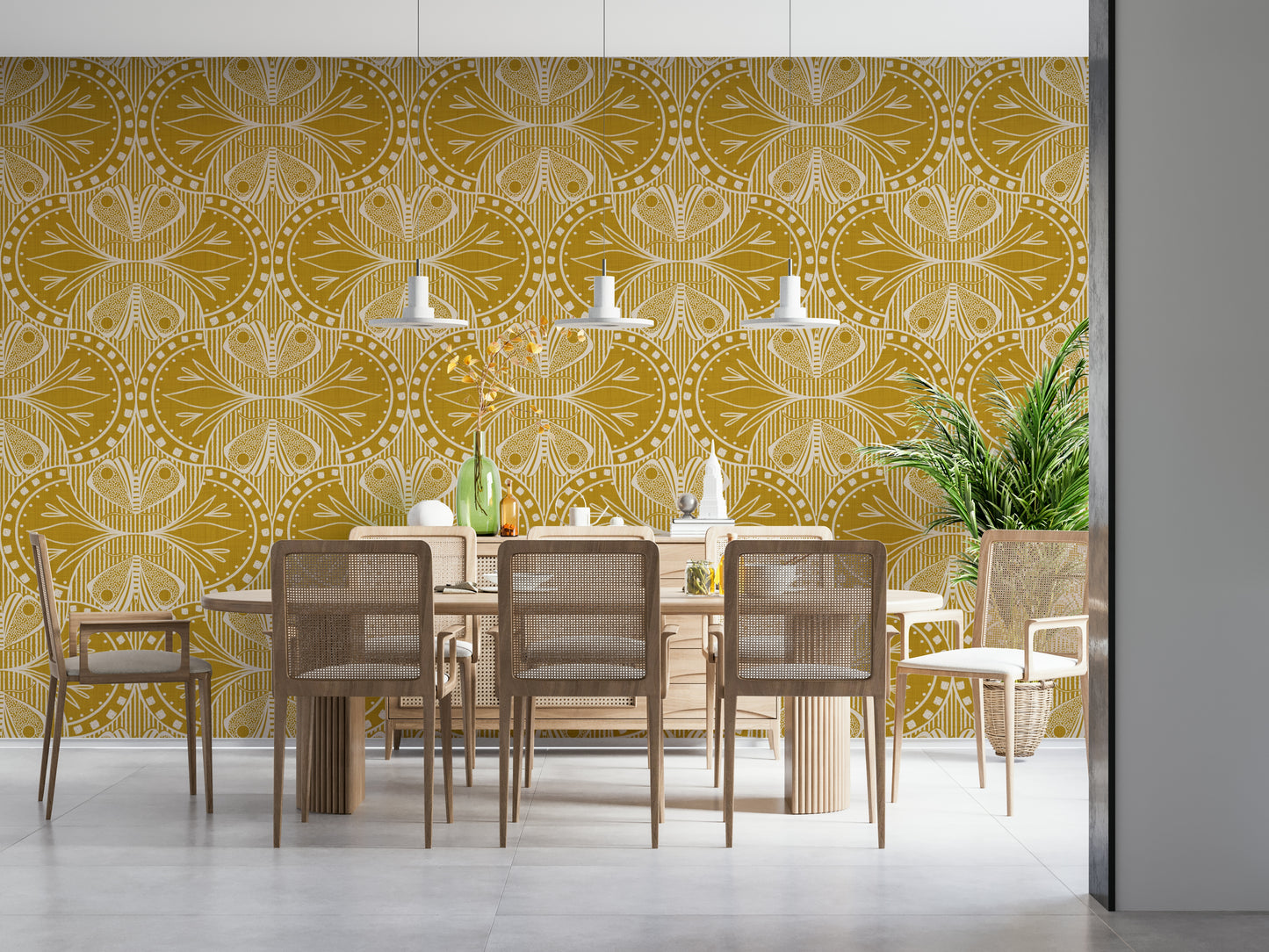 Art Nouveau Butterfly Floral Mustard Gold, brilliant yellow fluid wall covering.