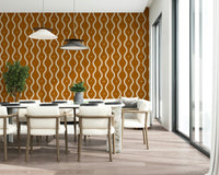 Seventies style vertical wave wallpaper, burnt orange, unique surface print.