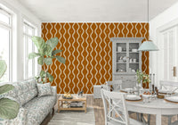 Artistic wavy stripe wall mural, terracotta background, pale contrasting shapes.