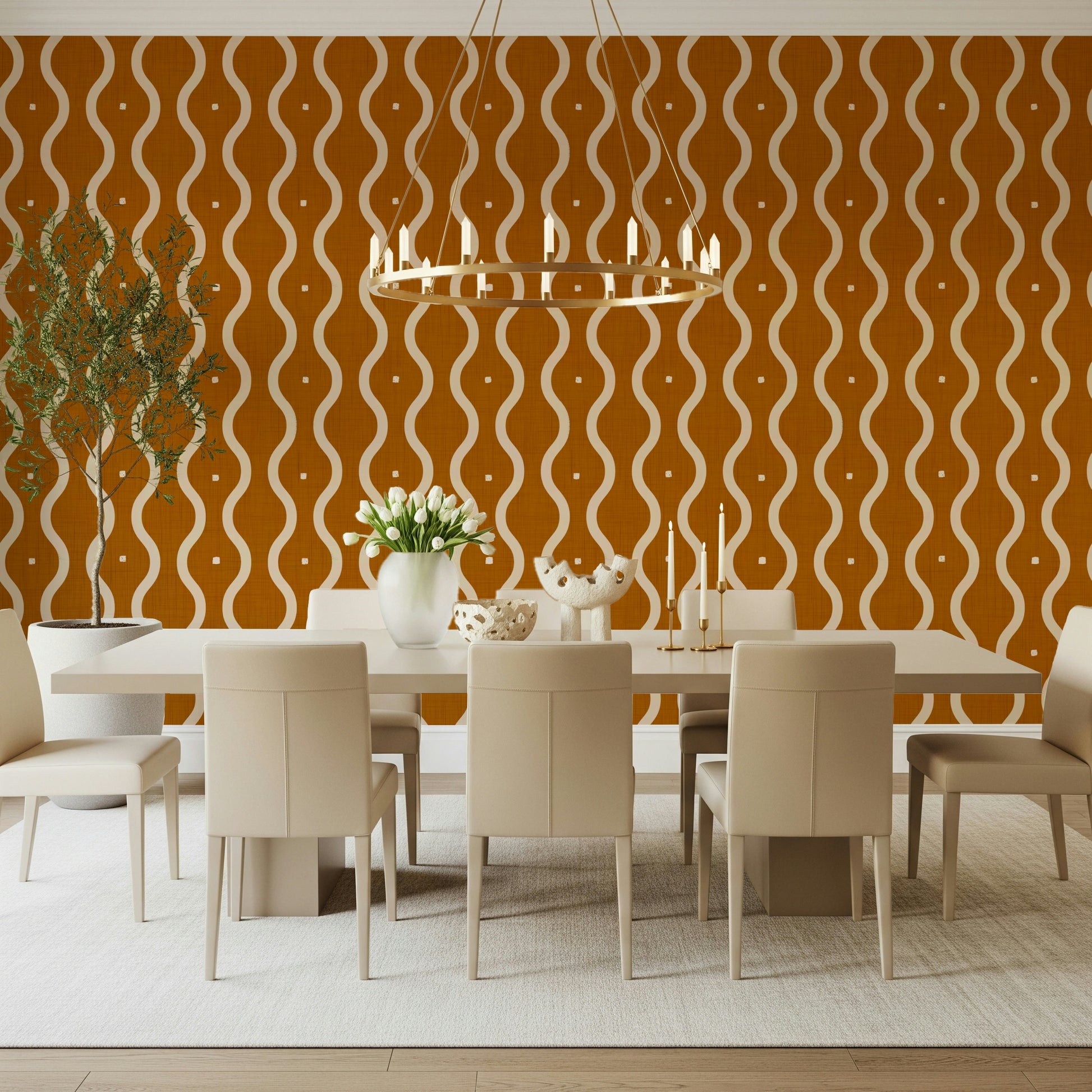 Warm ochre wall mural with beige wavy stripes and distressed texture.