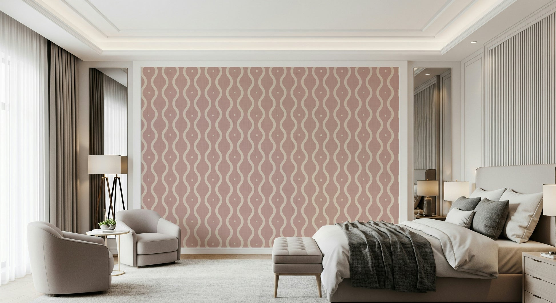 Distinctive wall covering, refined peach pink, cheerful curvy motif.