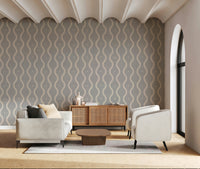 Calm wall mural, soft grey backdrop, elegant wavy stripes.