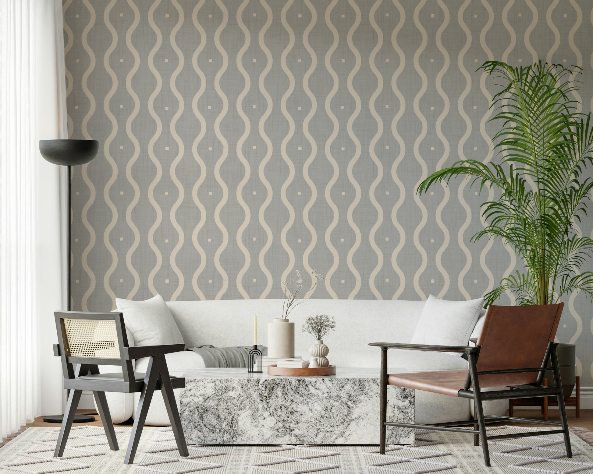 Subtle Serenity Grey wallpaper, flowing cream waves, linen texture.
