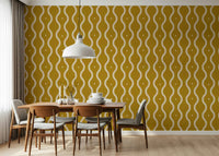 Vertical serpentine lines wallcovering, sunny color, retro modern style.