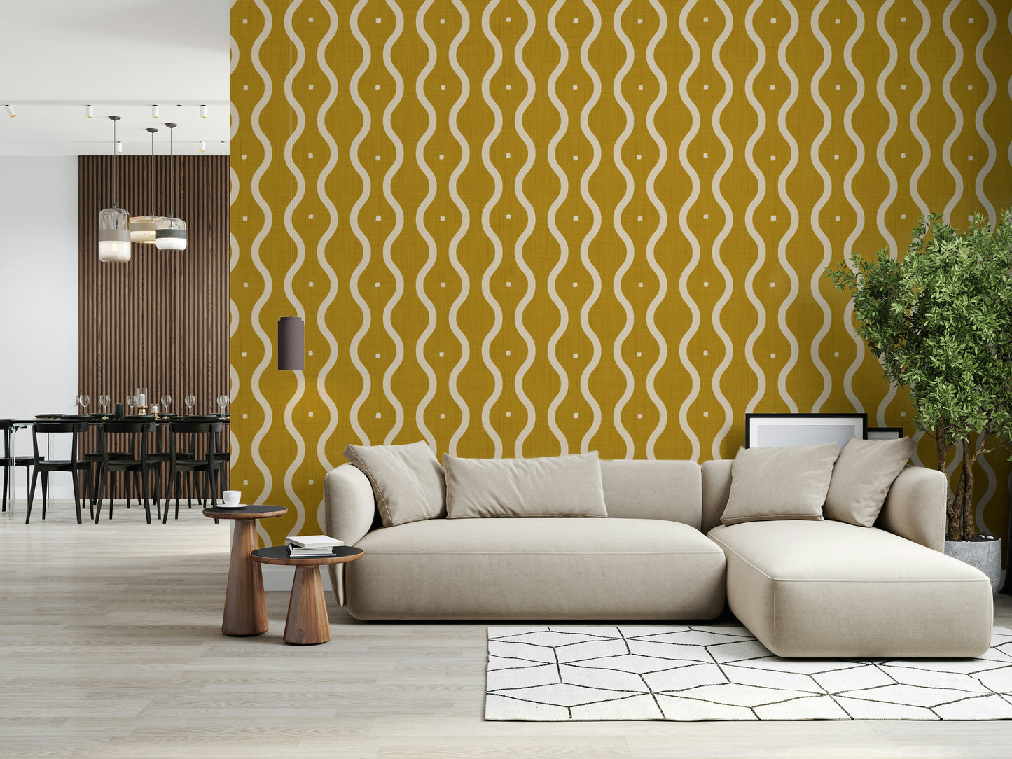 Groovy Golden Waves wallpaper, flowing pattern, vibrant yellow design.