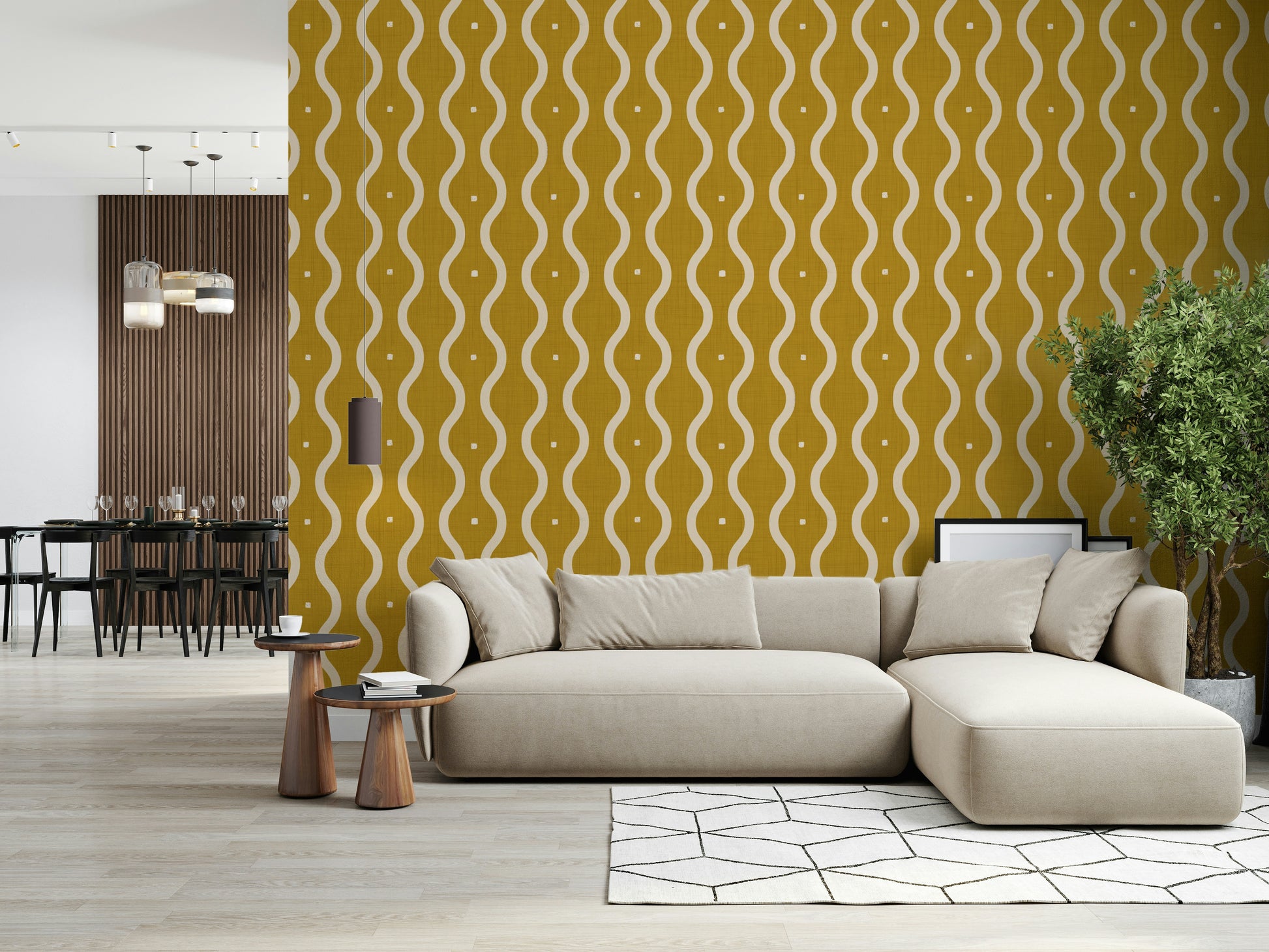 Groovy Golden Waves wallpaper, flowing pattern, vibrant yellow design.