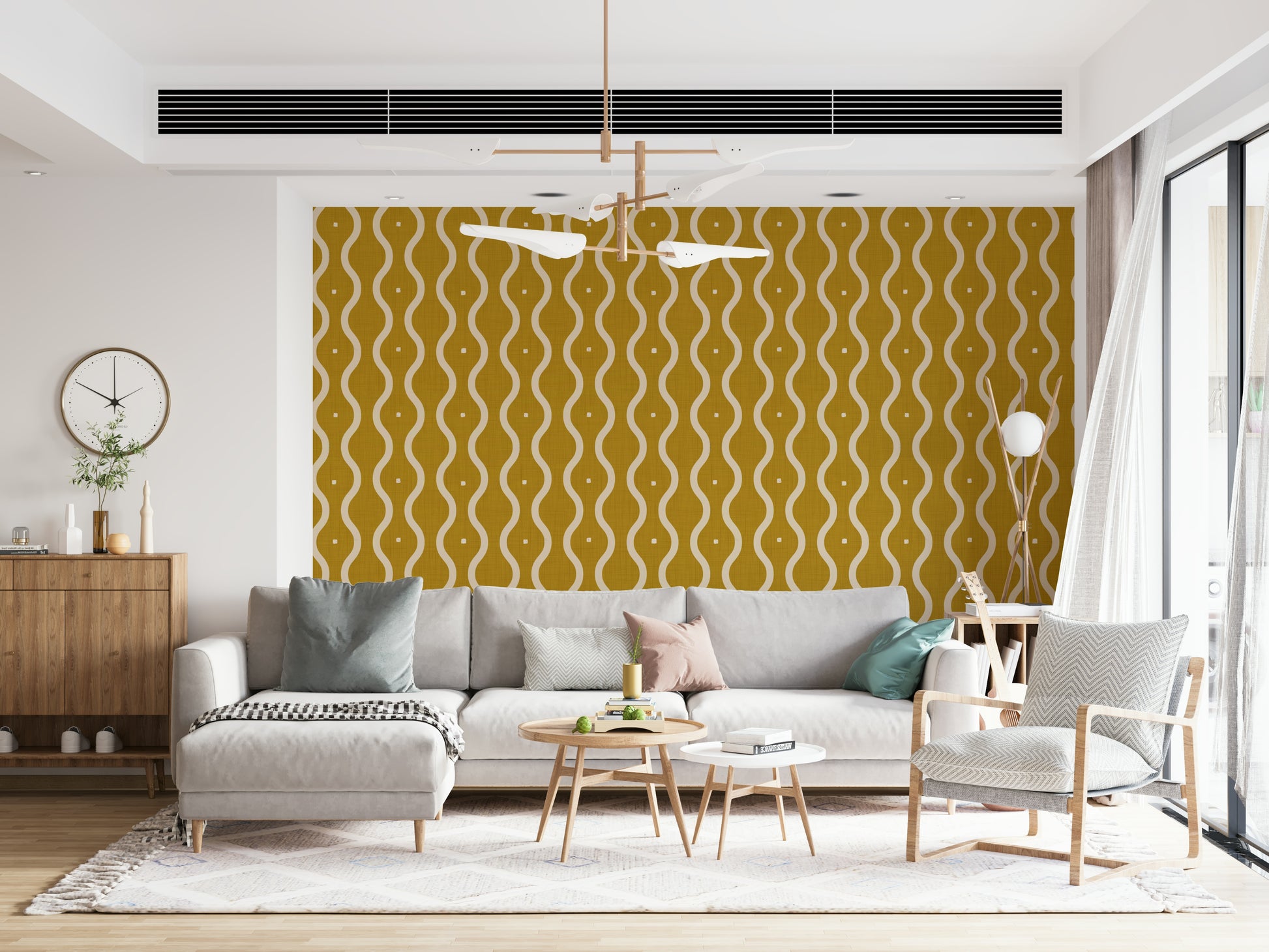 Groovy Waves pattern, bright ocher and beige lines, lively interior uplift.