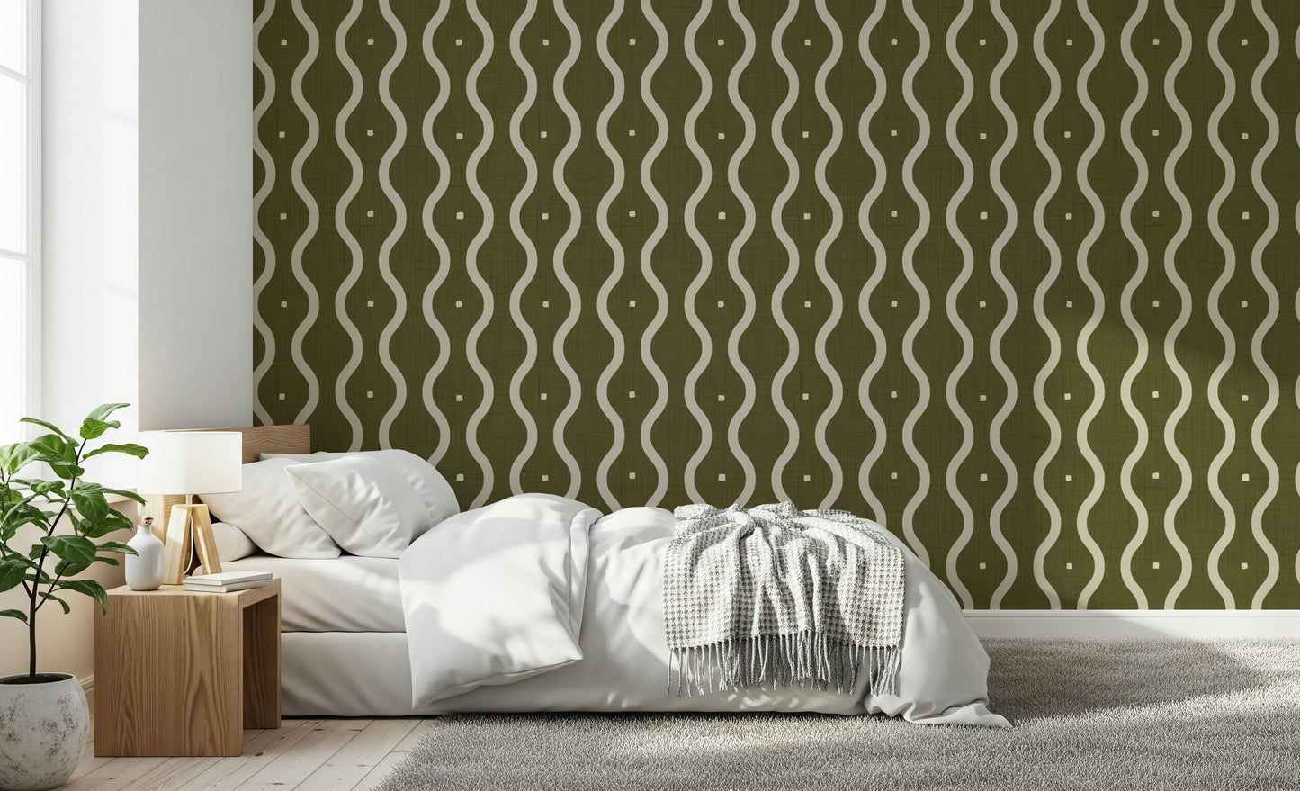 Wavy wall mural, olive and beige pattern, textured backdrop, stylish.
