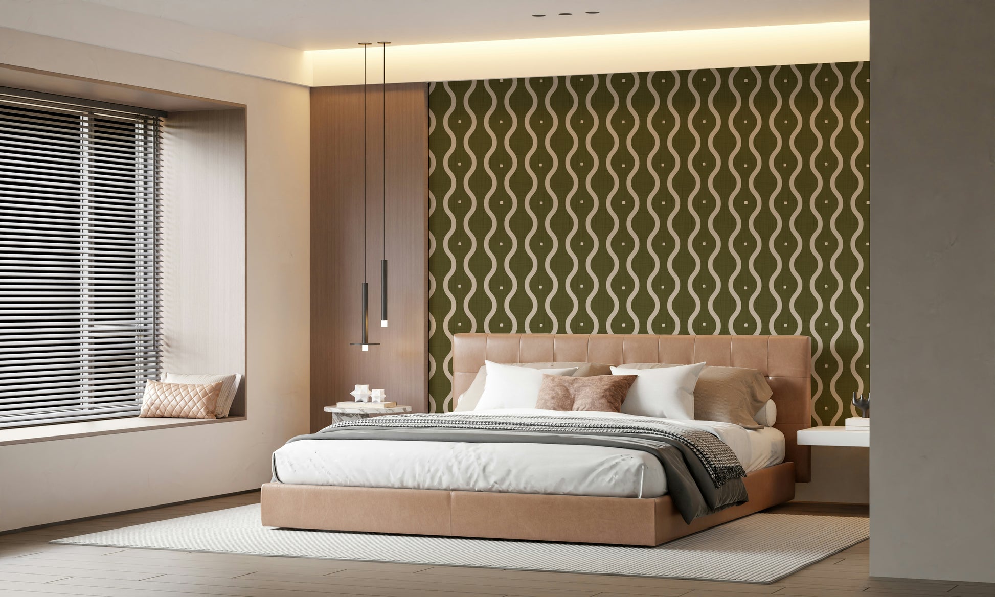 Grove Waves pattern, cream curves on deep moss, elegant interior accent.