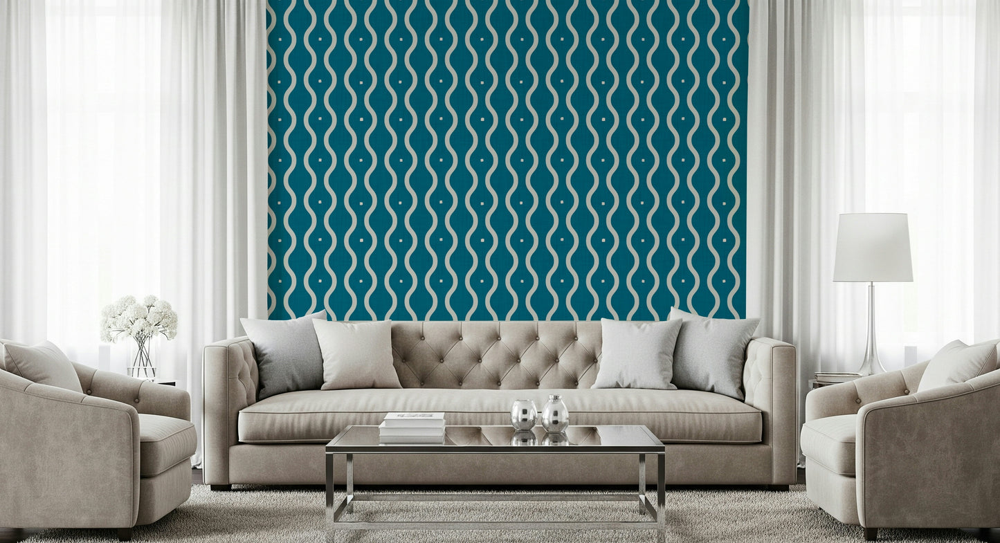 Unique Retro Waves Teal wallcovering curvy lines art.