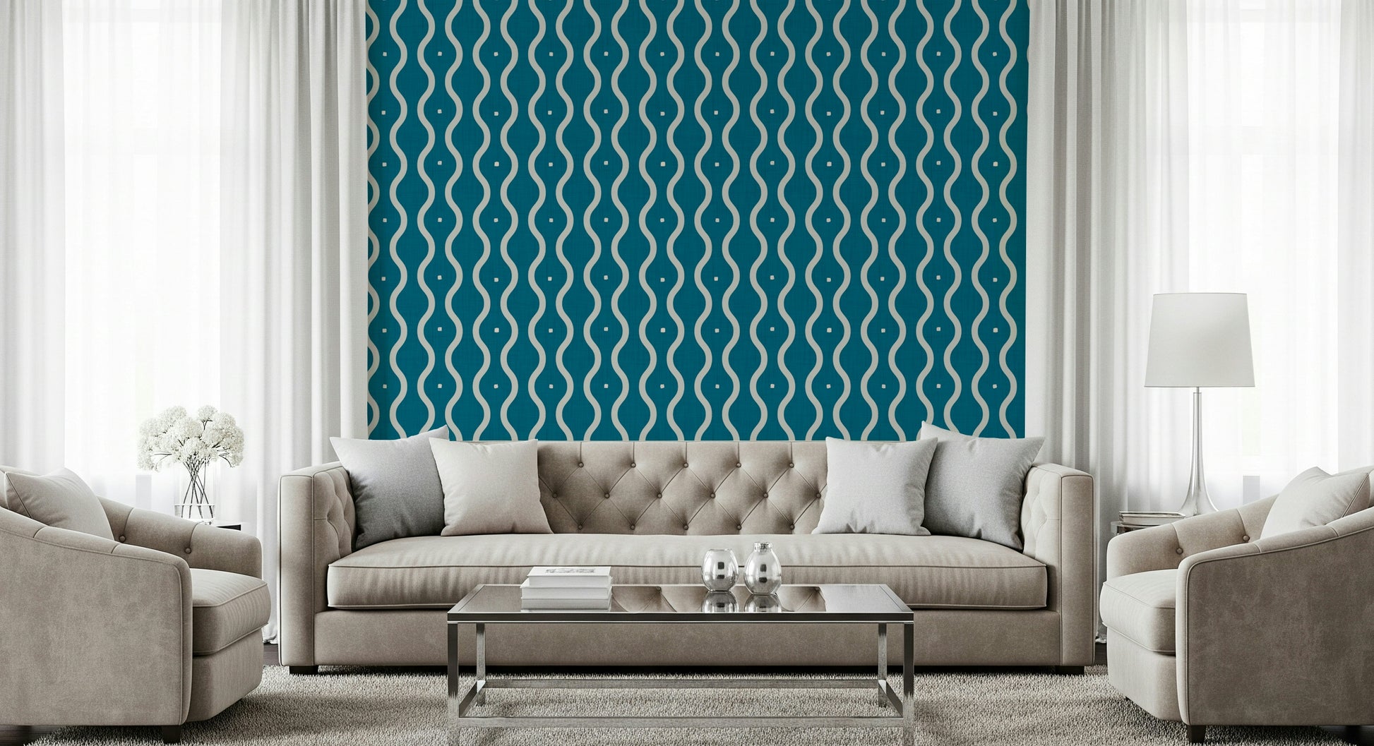Unique Retro Waves Teal wallcovering curvy lines art.