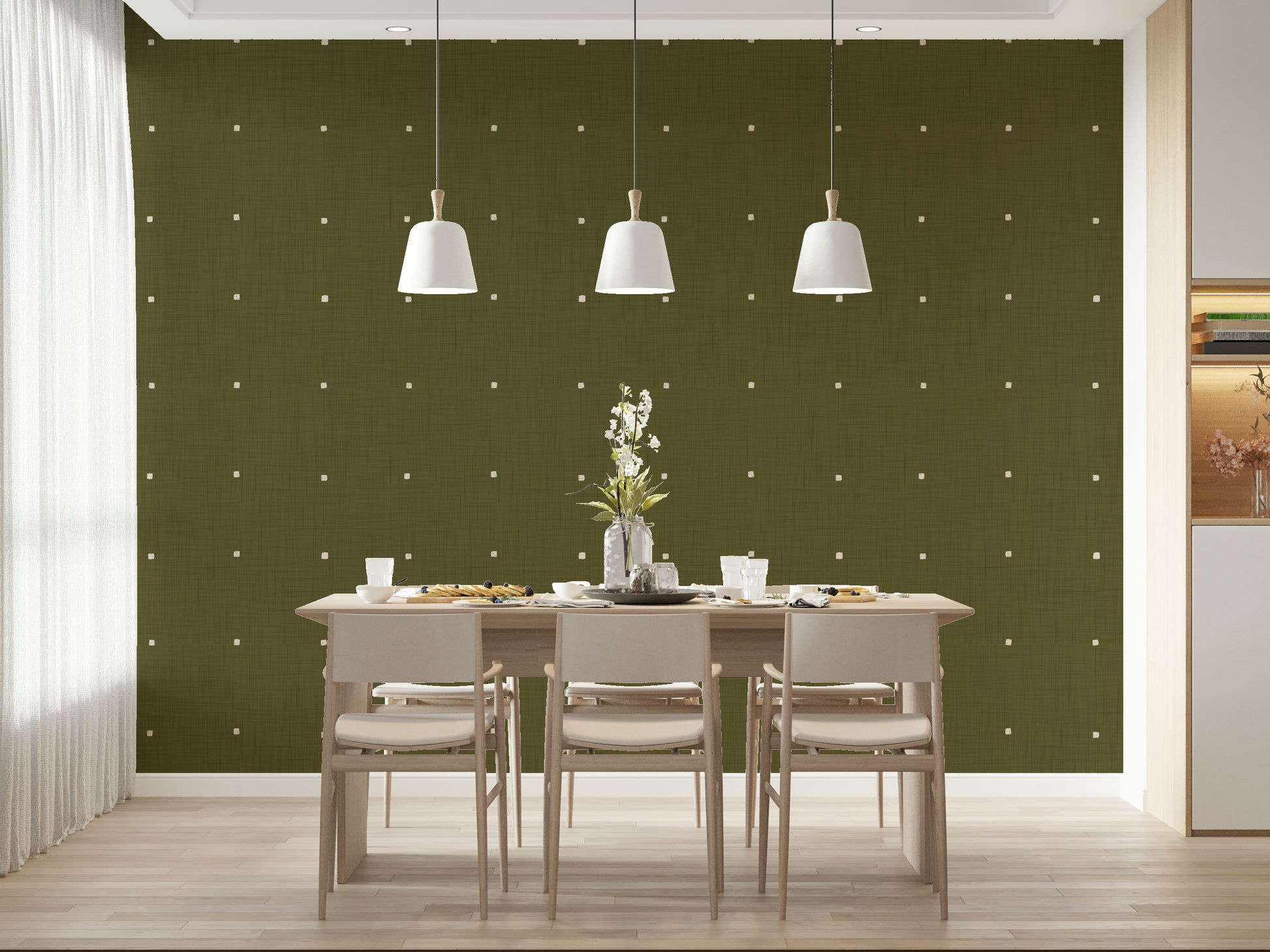 Minimalist green mural Olive Grove Texture look with nine light details.