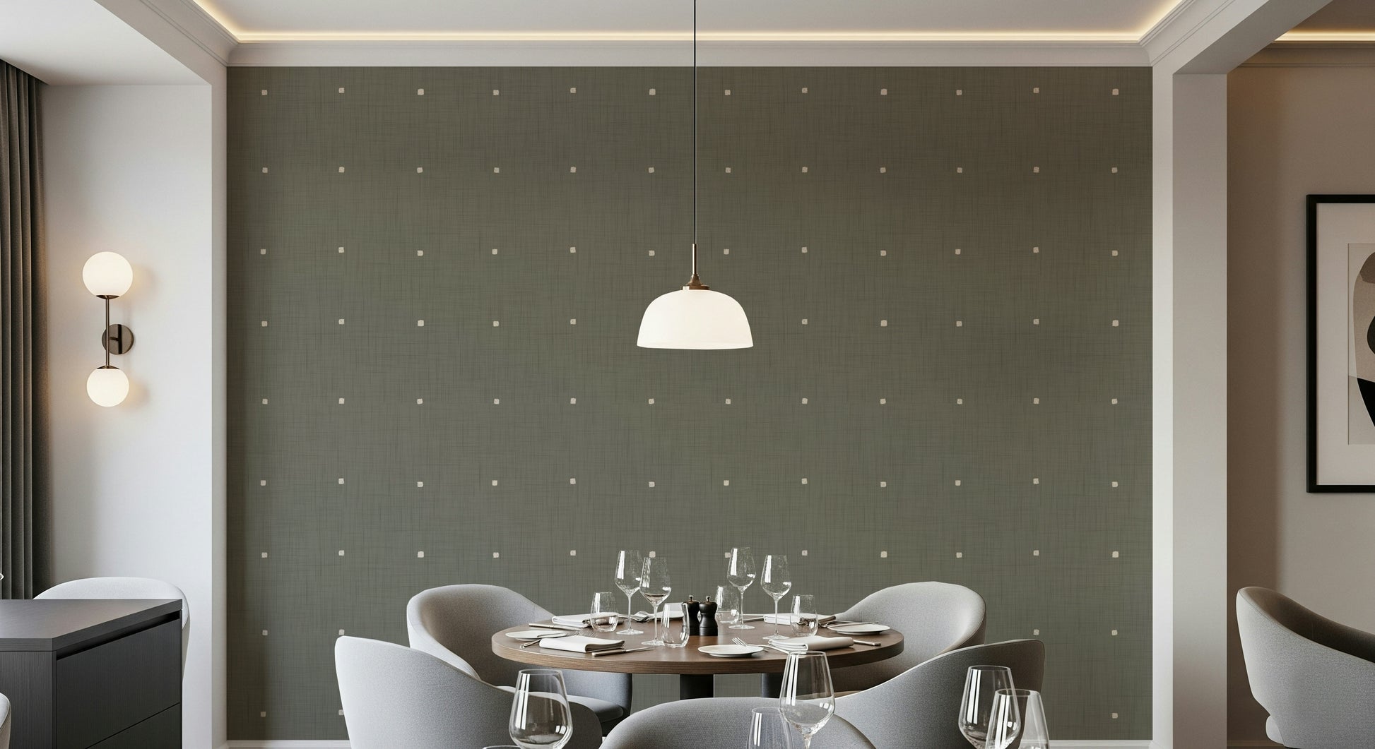 Quiet abstract square dot pattern taupe wall accent.