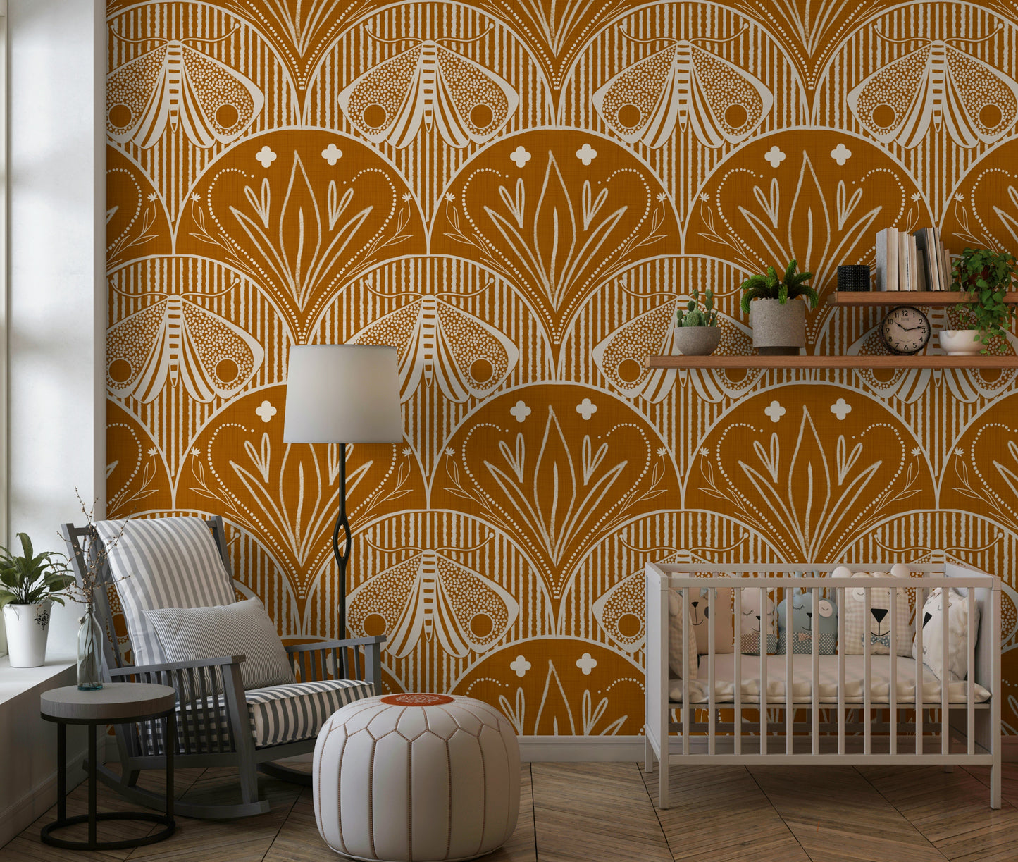 Boho Art Nouveau Scallop Butterfly Floral in Burnt Orange Wallpaper⁠