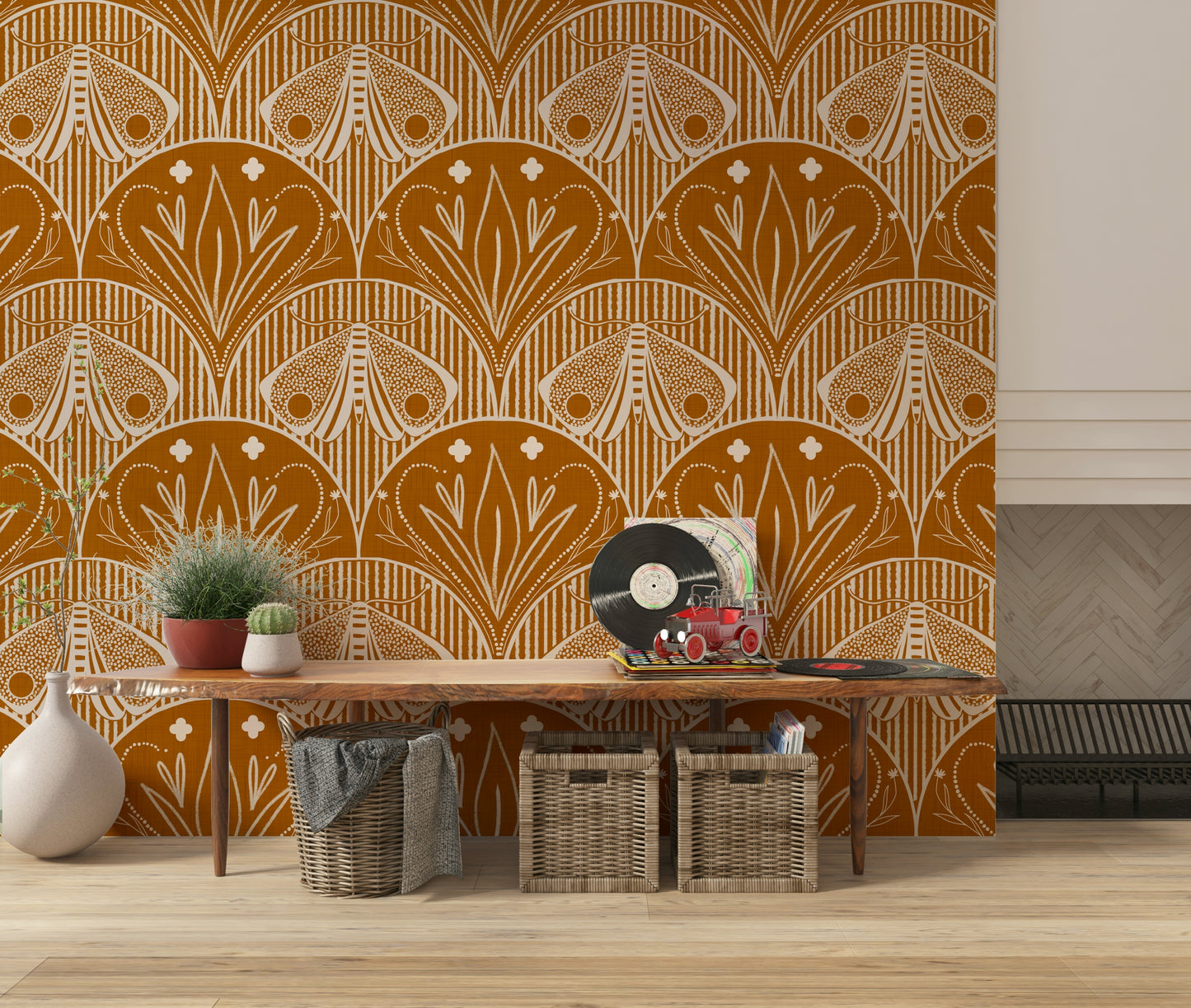 Boho Art Nouveau Scallop Butterfly Floral in Burnt Orange Wallpaper⁠