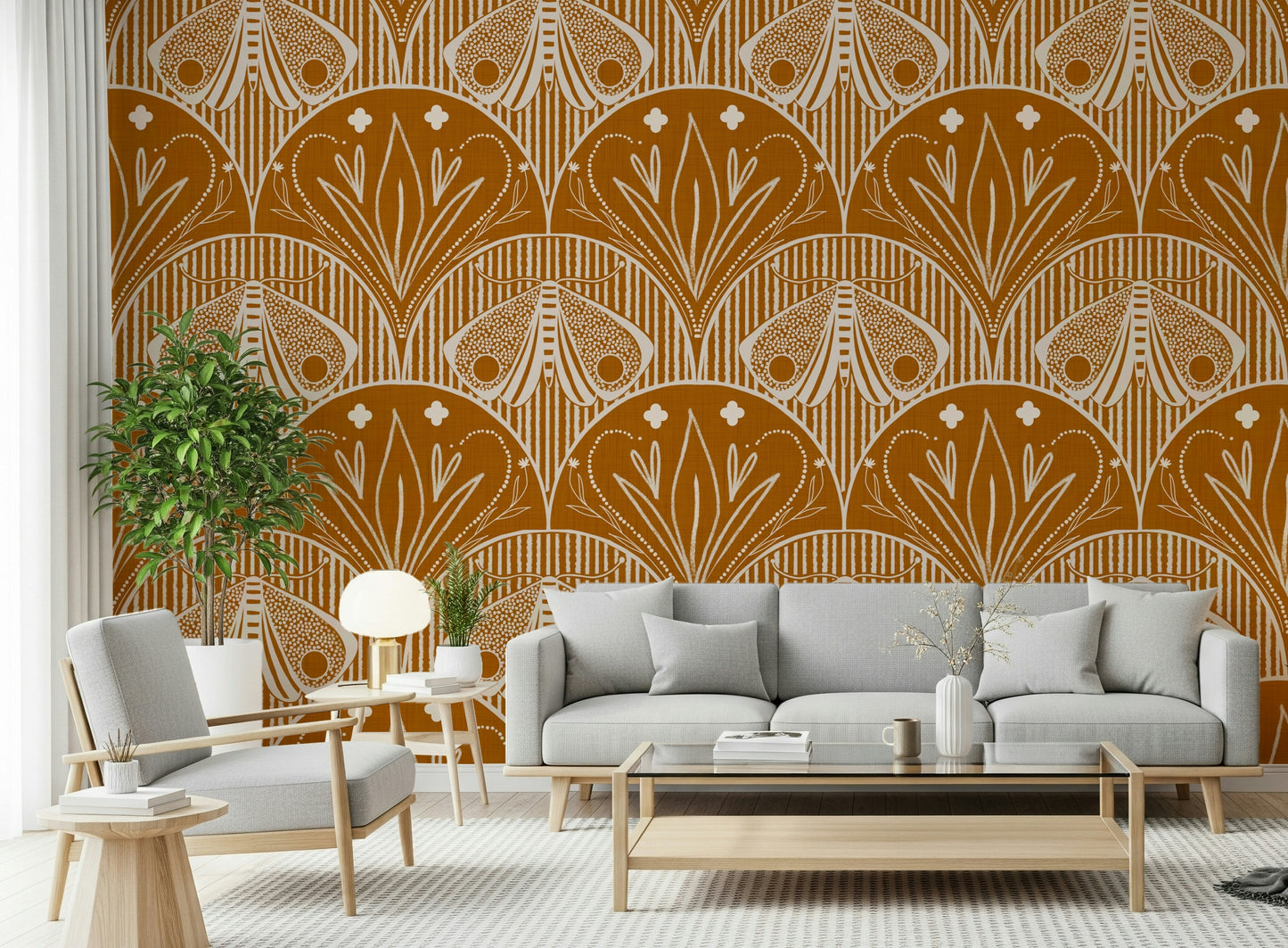 Boho Art Nouveau Scallop Butterfly Floral in Burnt Orange Wallpaper⁠