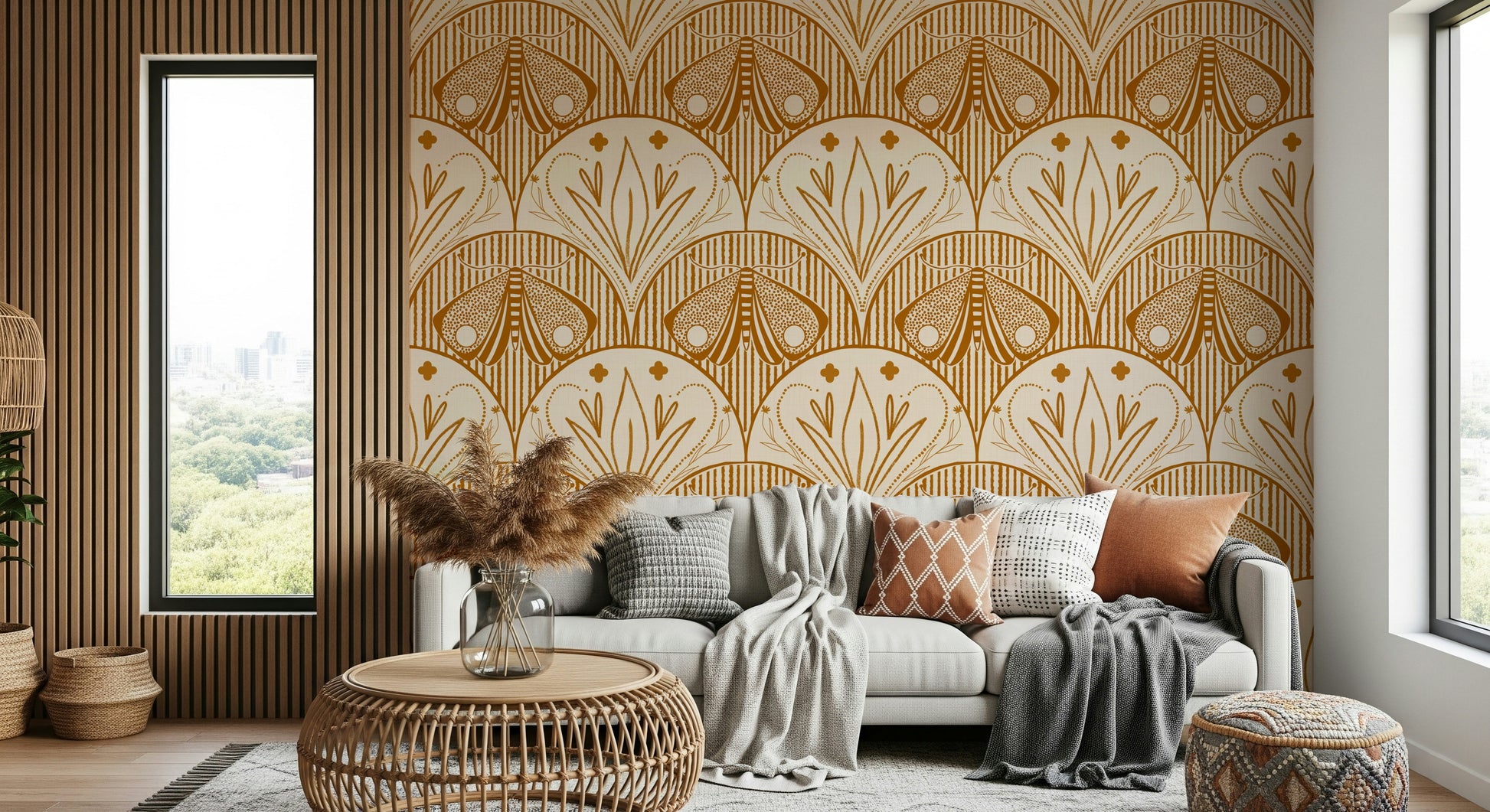 Boho or Floral Cream and Burnt Orange wallcovering, bohemian textile print, elegant decor.