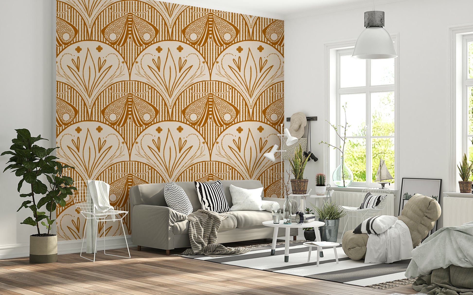 Floral in Cream and Burnt Orange wall mural, decorative lines, curved shapes, unique style.