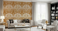 Cream and Burnt Orange Floral motif wallpaper, ornate butterfly, detailed, symmetrical pattern.