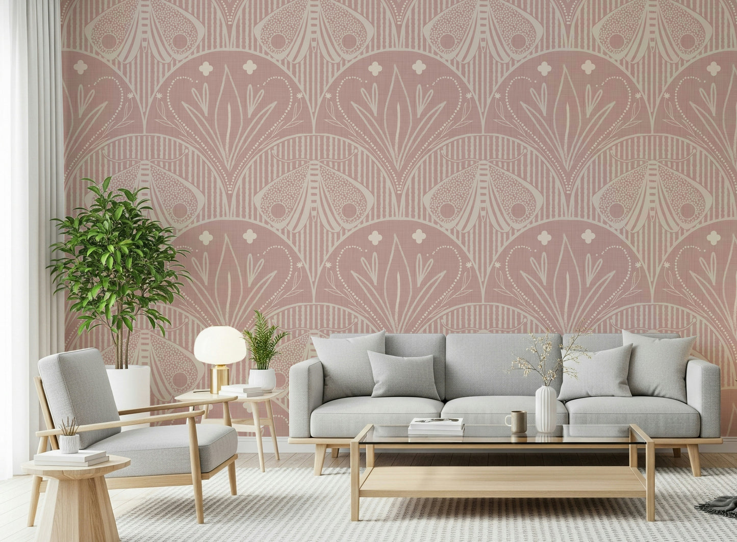 Boho Art Nouveau Scallop Butterfly Floral in Cream and Dust Pink Wallpaper⁠