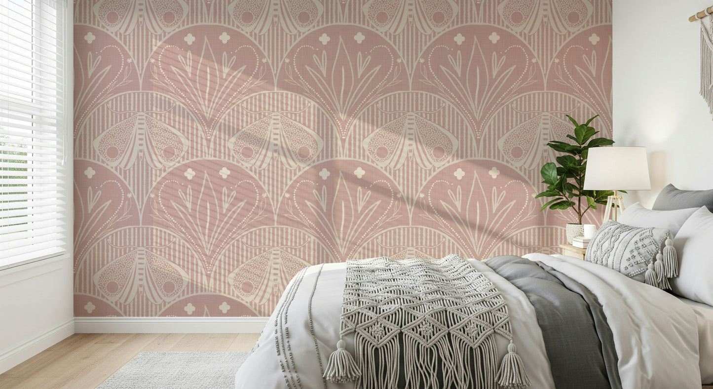 Boho Art Nouveau Scallop Butterfly Floral in Cream and Dust Pink Wallpaper⁠