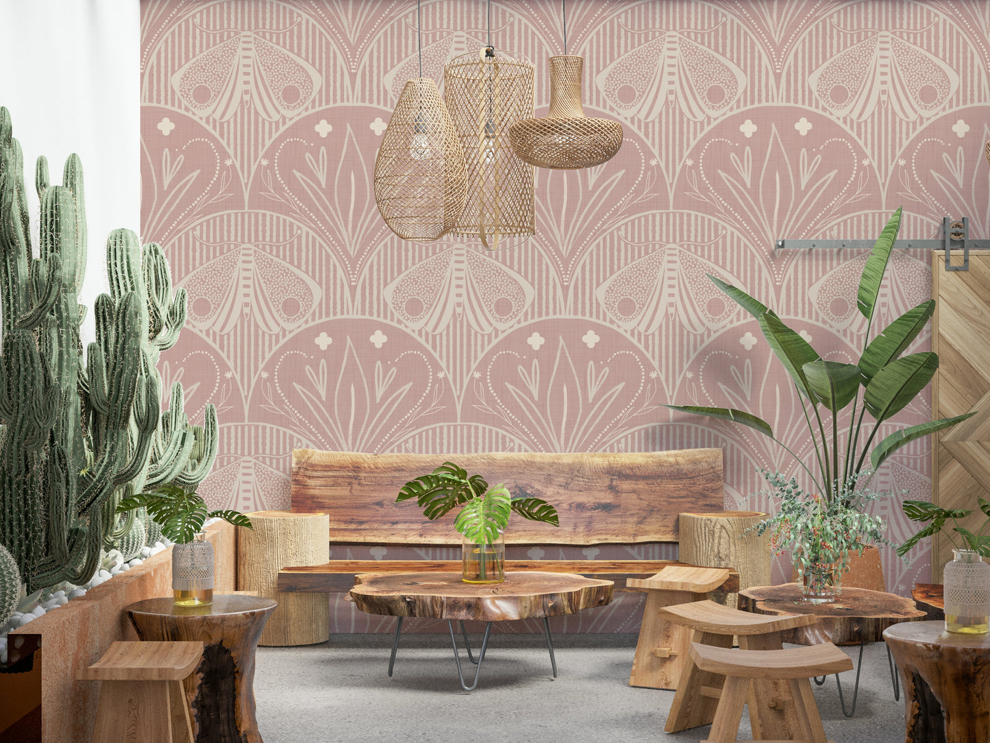 Boho Art Nouveau Scallop Butterfly Floral in Cream and Dust Pink Wallpaper⁠