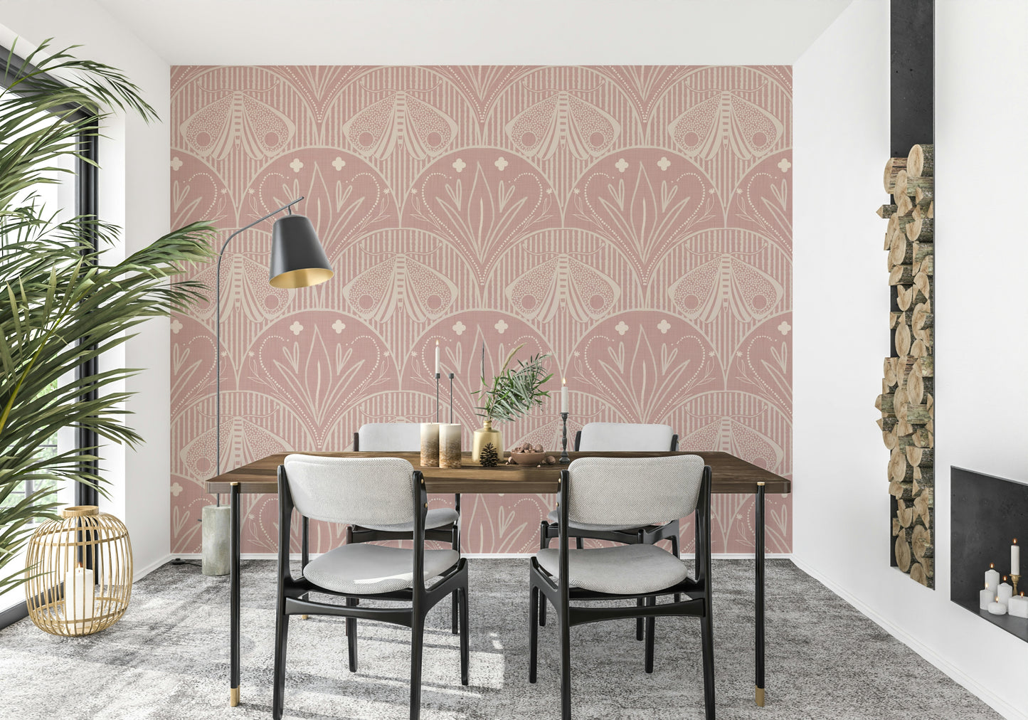 Boho Art Nouveau Scallop Butterfly Floral in Cream and Dust Pink Wallpaper⁠