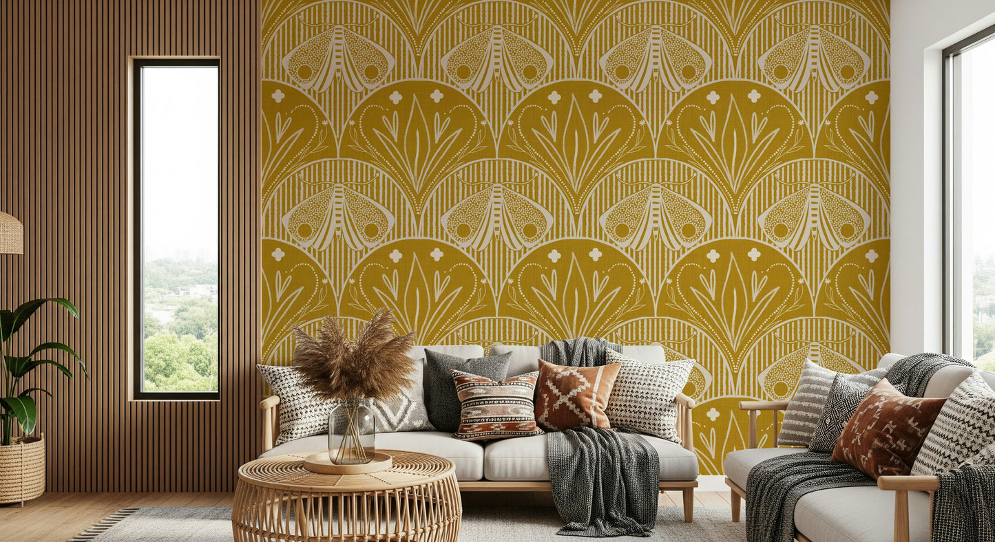 Boho Art Nouveau Scallop Butterfly Floral in Mustard Gold Wallpaper⁠