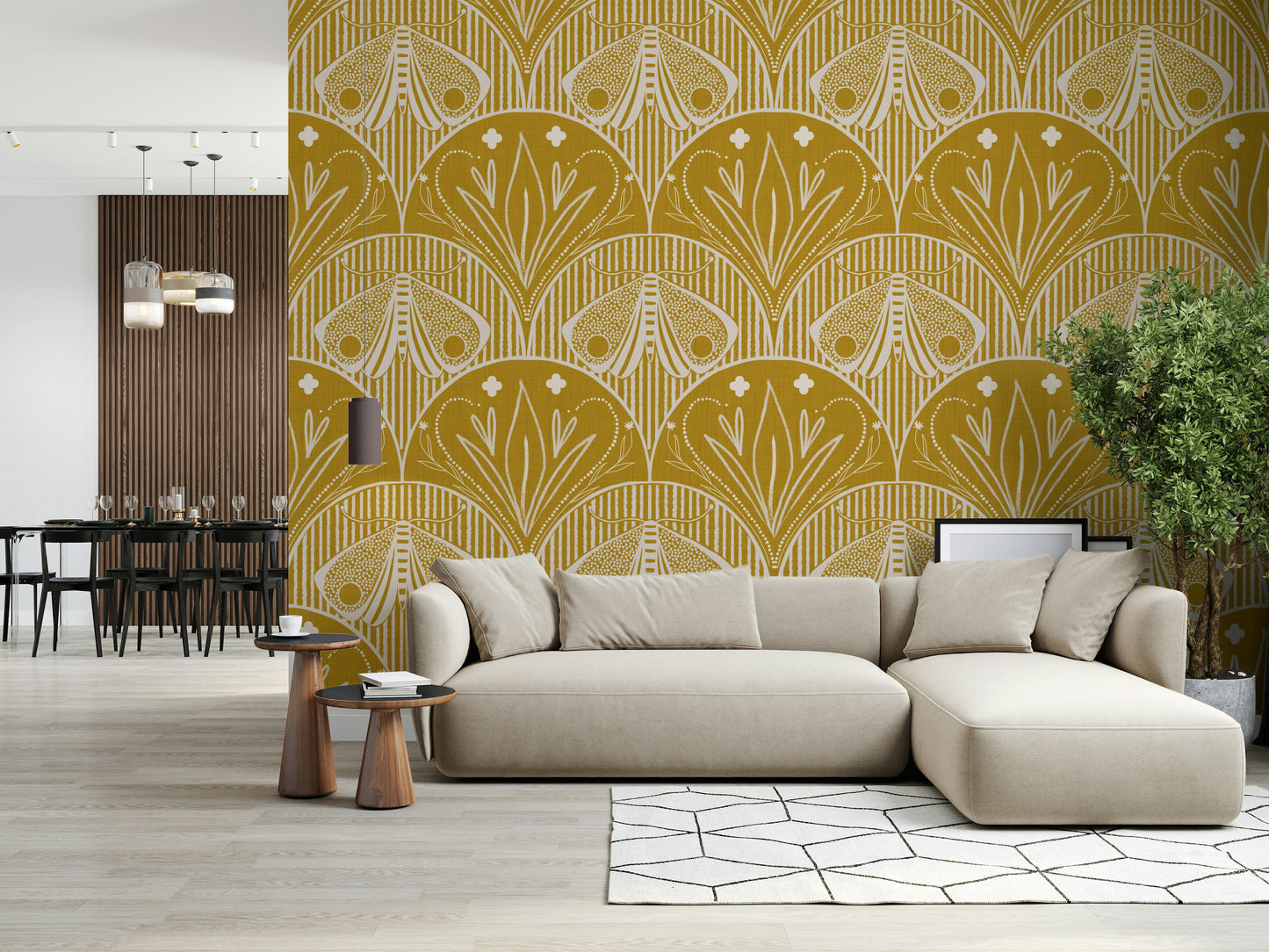 Boho Art Nouveau Scallop Butterfly Floral in Mustard Gold Wallpaper⁠
