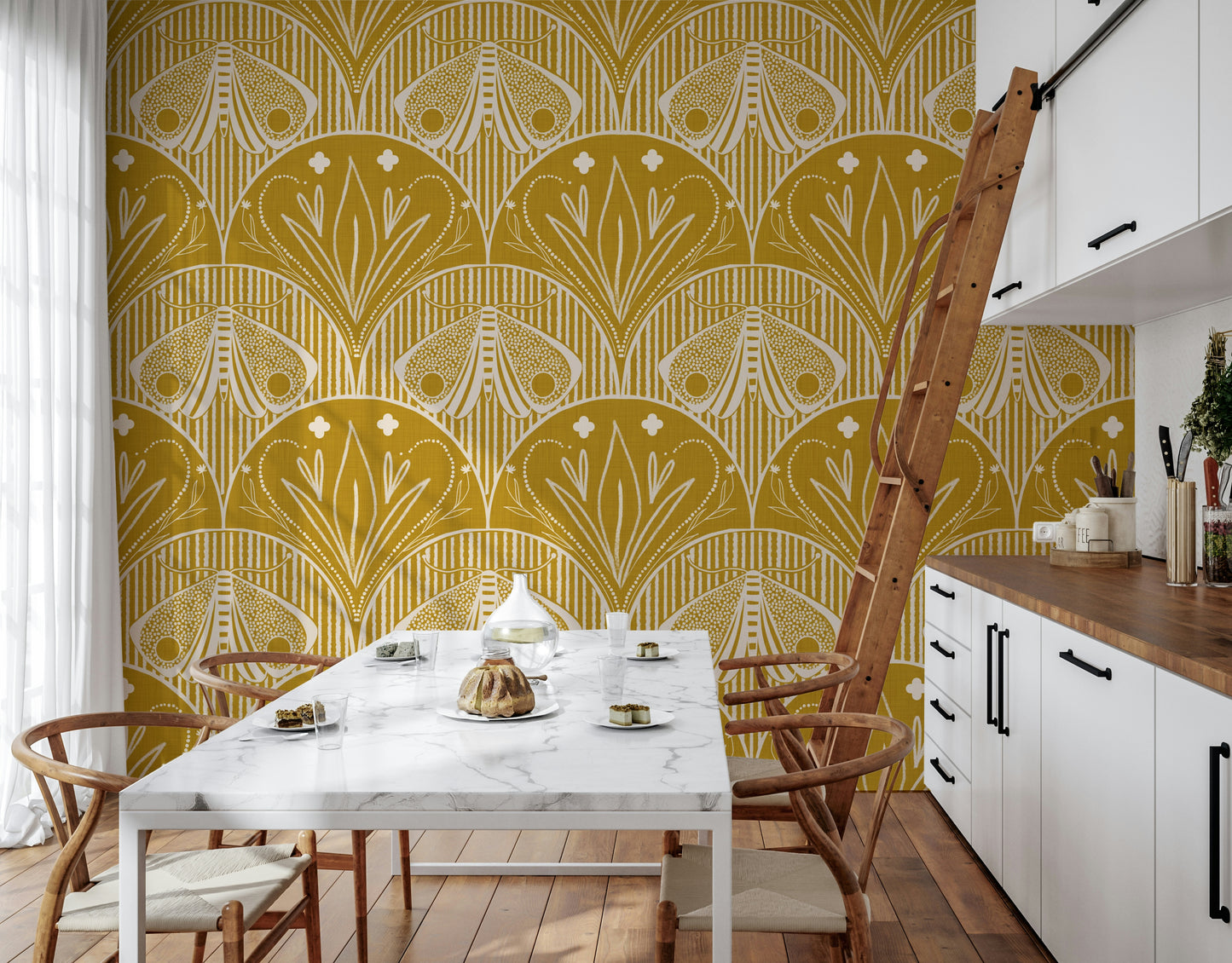 Boho Art Nouveau Scallop Butterfly Floral in Mustard Gold Wallpaper⁠