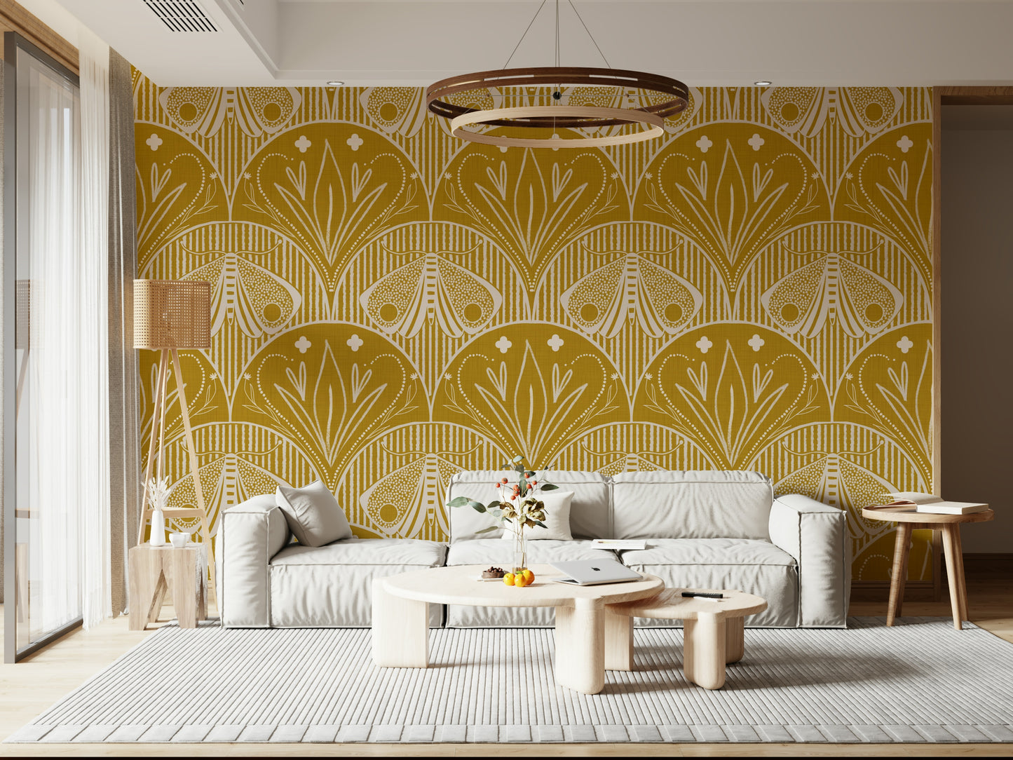 Boho Art Nouveau Scallop Butterfly Floral in Mustard Gold Wallpaper⁠