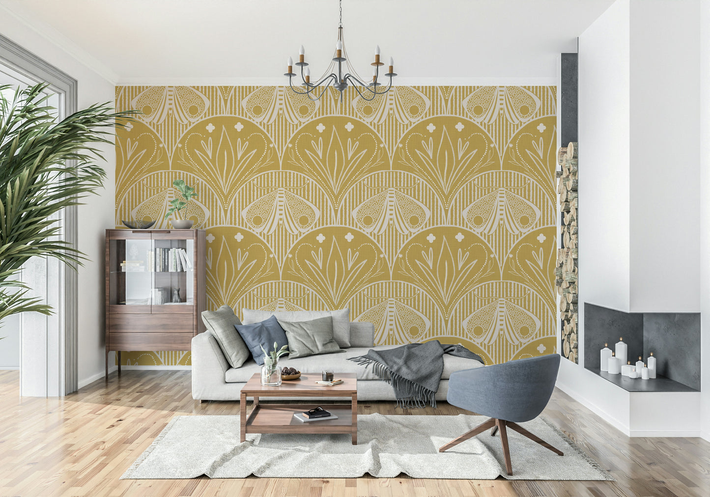 Boho Art Nouveau Scallop Butterfly Floral in Mustard Gold Wallpaper⁠