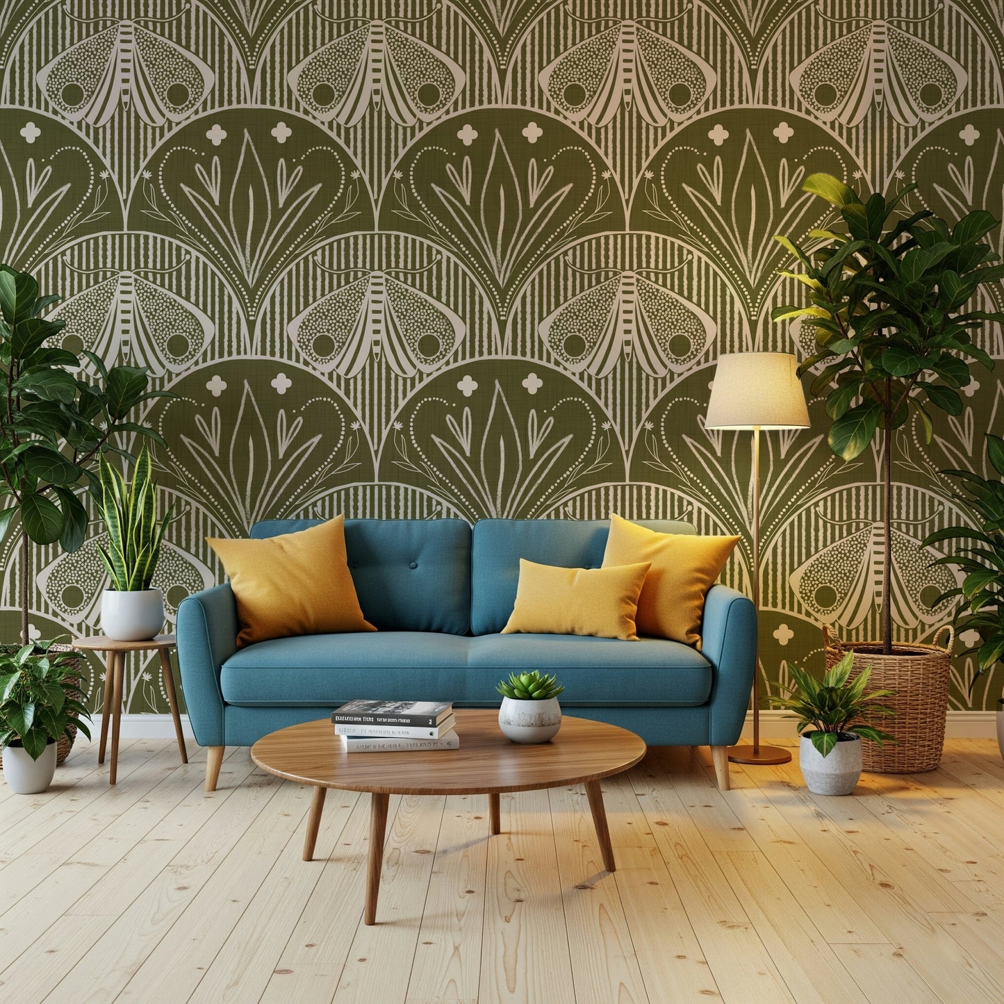 Boho Art Nouveau Scallop Butterfly Floral in Olive Drab Wallpaper⁠