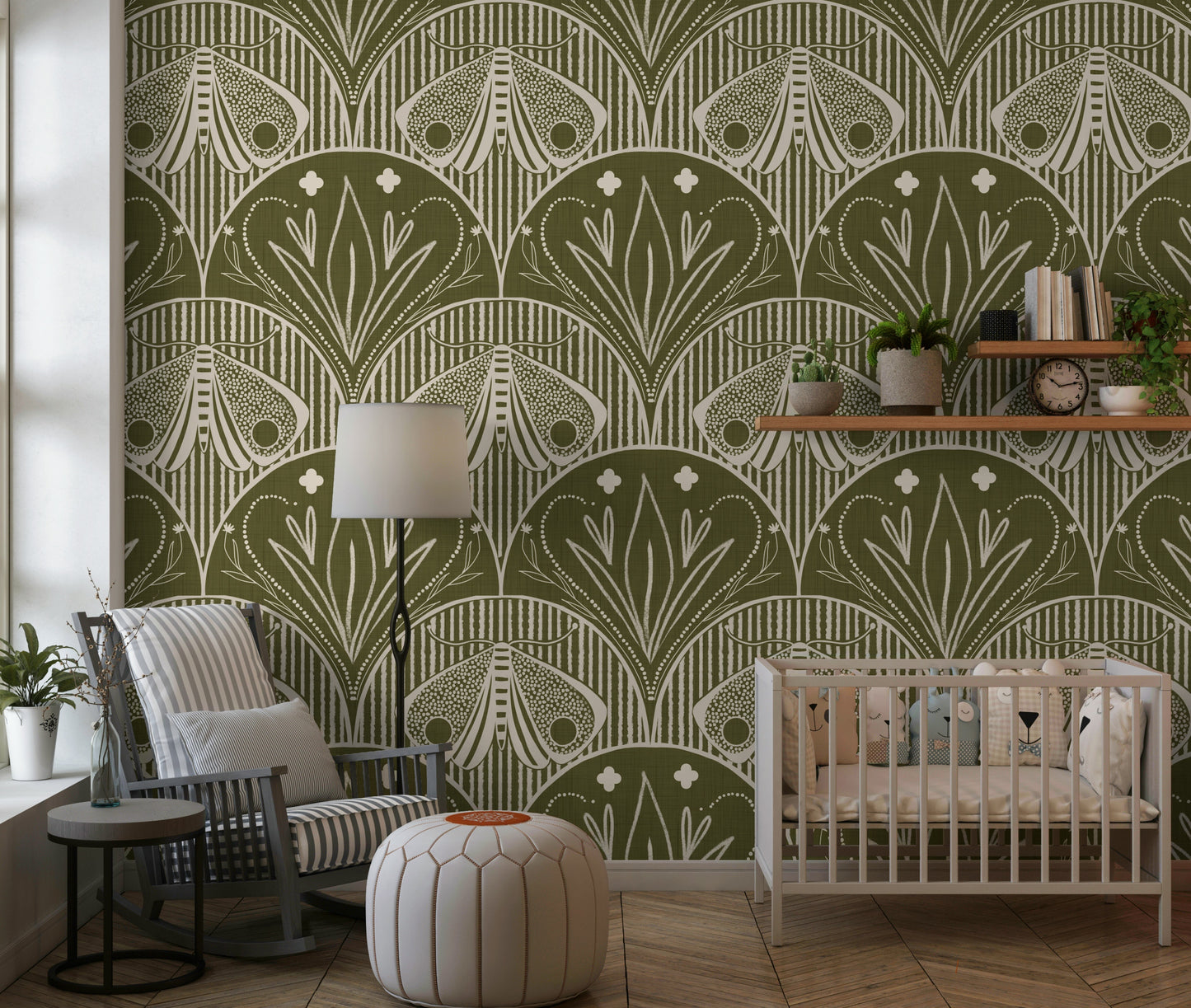 Boho Art Nouveau Scallop Butterfly Floral in Olive Drab Wallpaper⁠