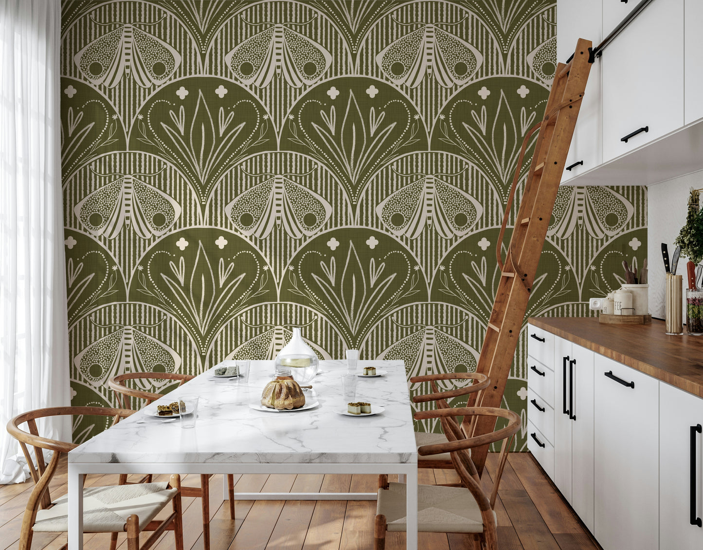 Boho Art Nouveau Scallop Butterfly Floral in Olive Drab Wallpaper⁠