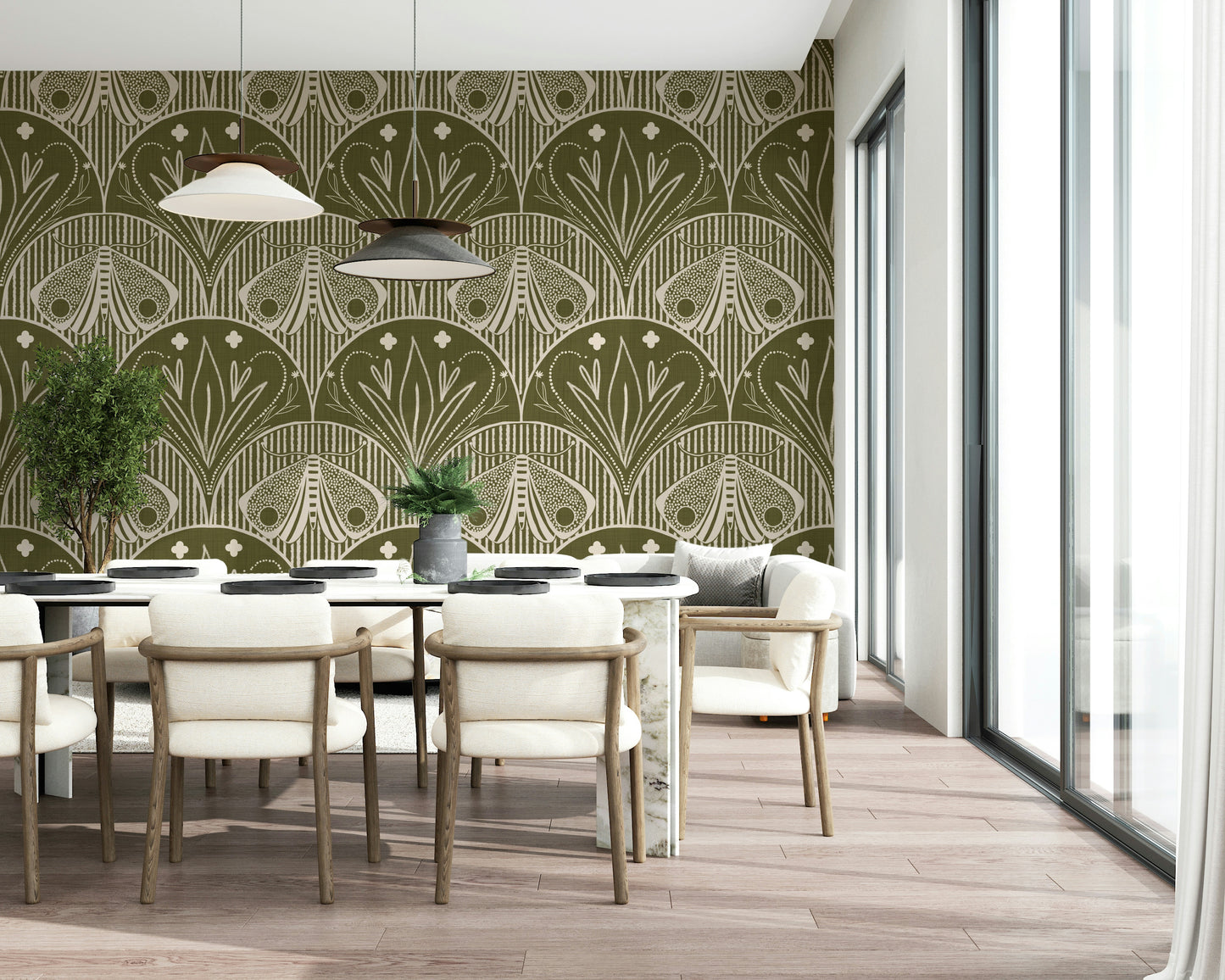 Boho Art Nouveau Scallop Butterfly Floral in Olive Drab Wallpaper⁠