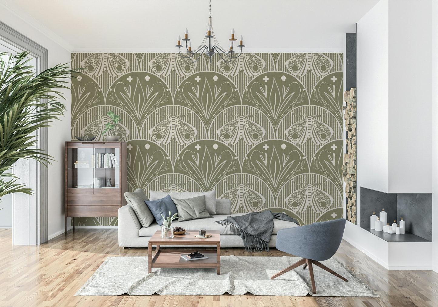 Boho Art Nouveau Scallop Butterfly Floral in Olive Drab Wallpaper⁠