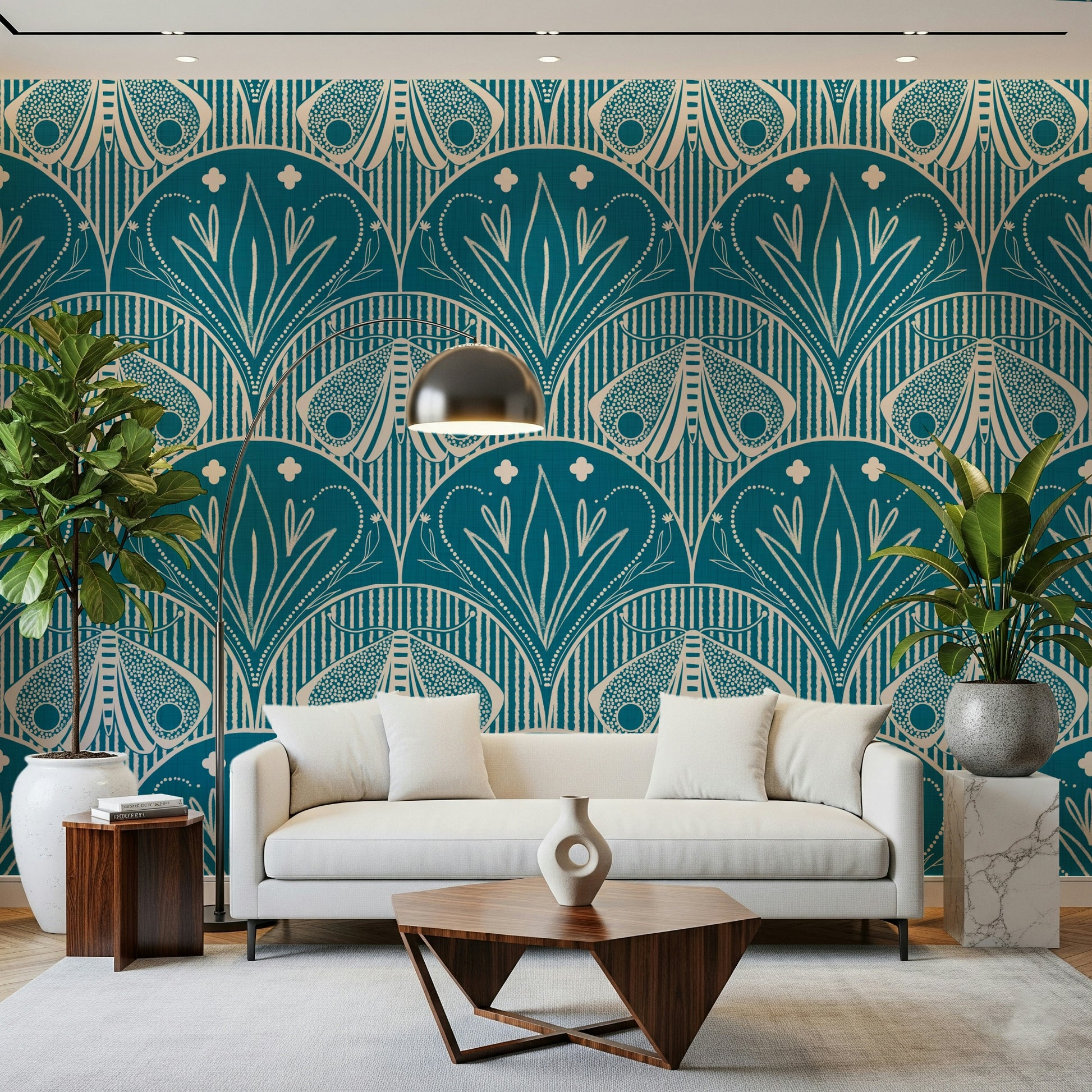 Statement Scallop Butterfly Floral in Teal Blue decorative covering moth image.