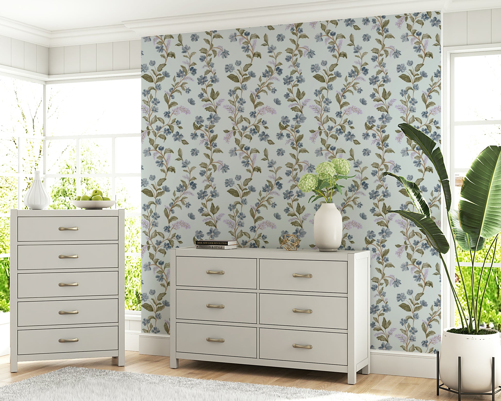 Gorgeous Watercolor Bloom Serenity removable wallpaper gentle leaf branch print.