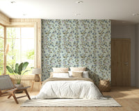 Charming Soft Blue Floral Pattern peel and stick wallpaper delicate vine print.