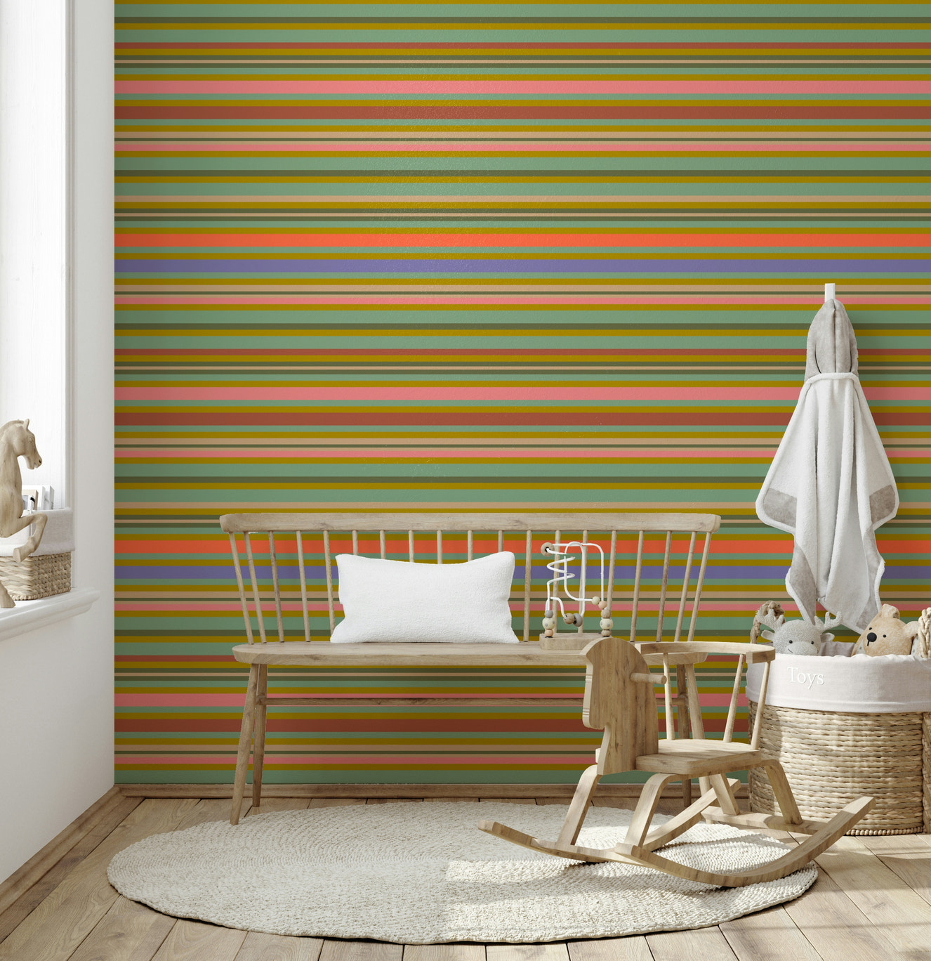 Classic striped wallpaper, mint green brown pink, 1950s inspired, Playtime Stripes.