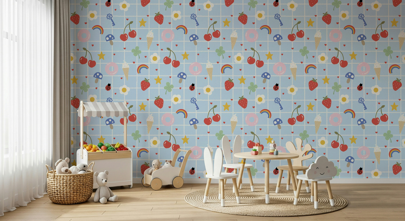Lucky Charm cute doodle repeating pattern wallpaper. Blue grid mural.