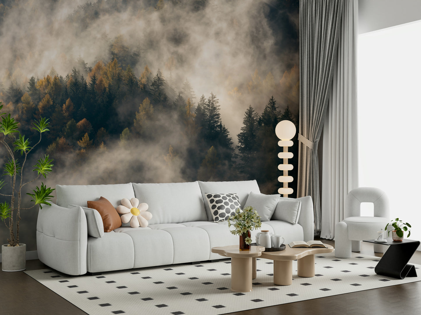 Scattered autumnal trees in Misty Woods Serenity peaceful design.