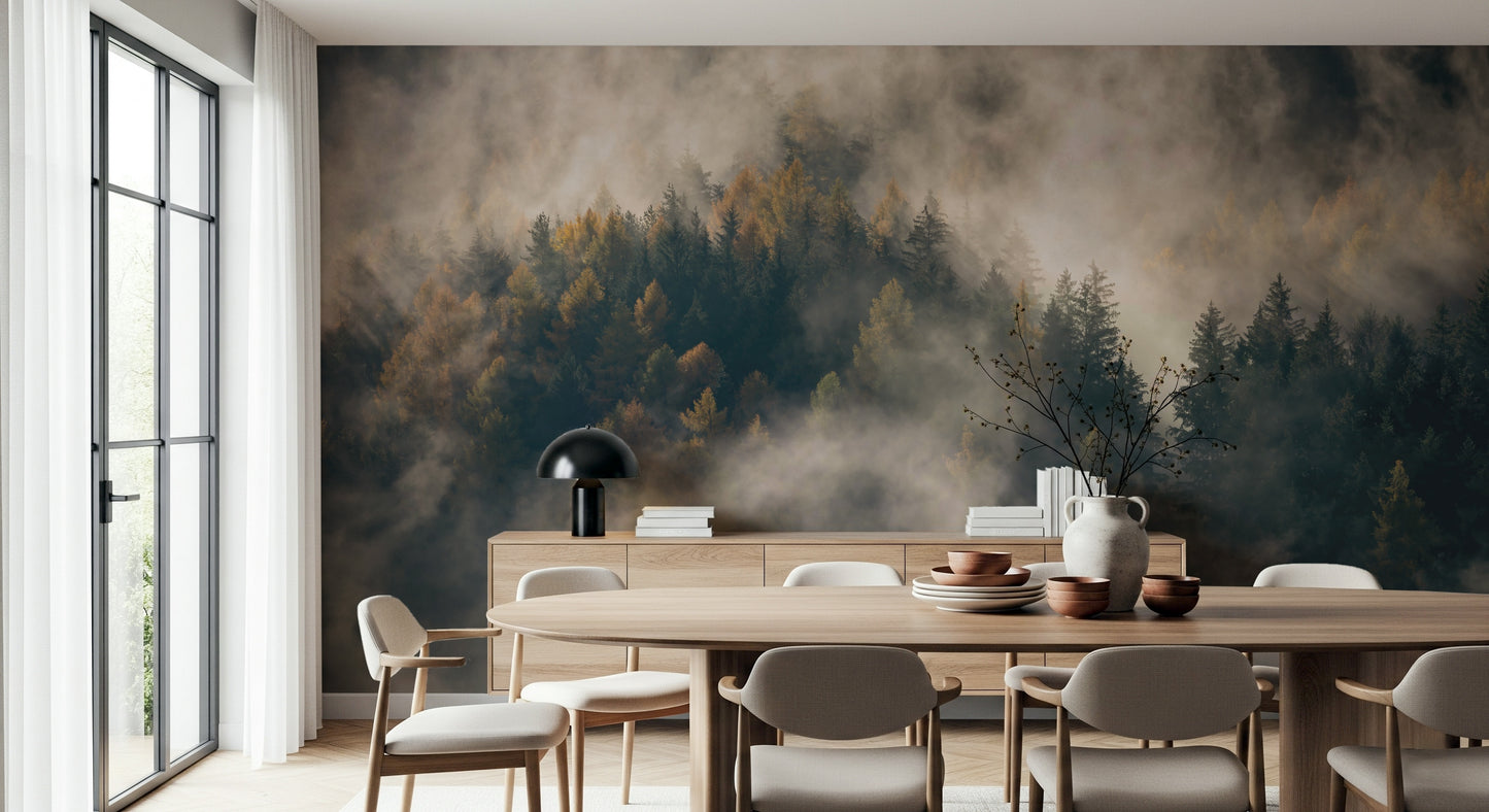 Shadowy dense pine trees featured in Misty Woods Serenity scenic print.