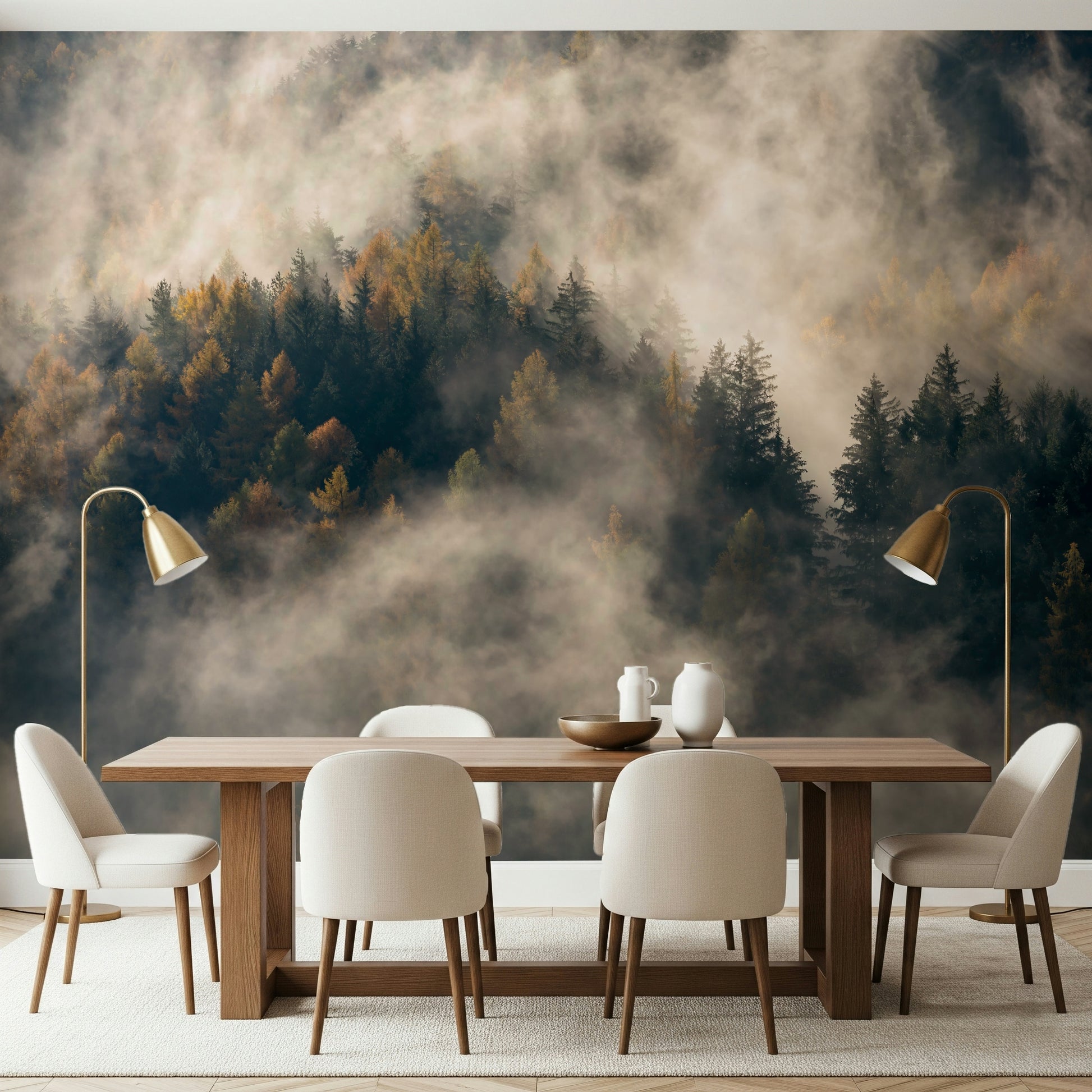 Nature-inspired Misty Woods Serenity wall covering, peaceful view.